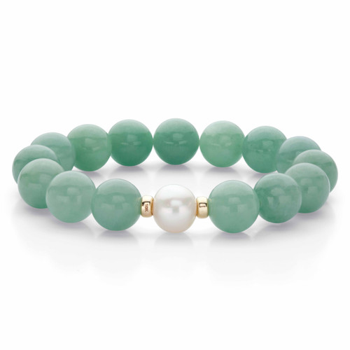 Genuine Green Jade and Freshwater Pearl Beaded Stretch Bracelet in 10k Yellow Gold 9"
