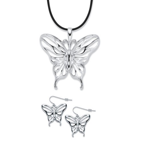 Cutout Butterfly 2-Piece Drop Earrings and Black Corded Pendant Necklace Set in Silvertone 17"-19"