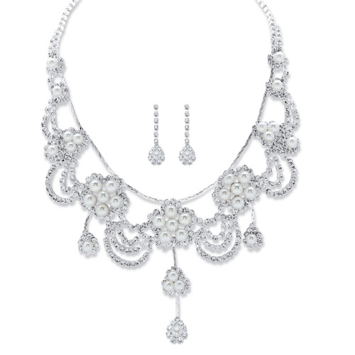 Round Crystal and Simulated Pearl Floral Scalloped Bib Necklace and Drop Earrings in Silvertone 14"-18"