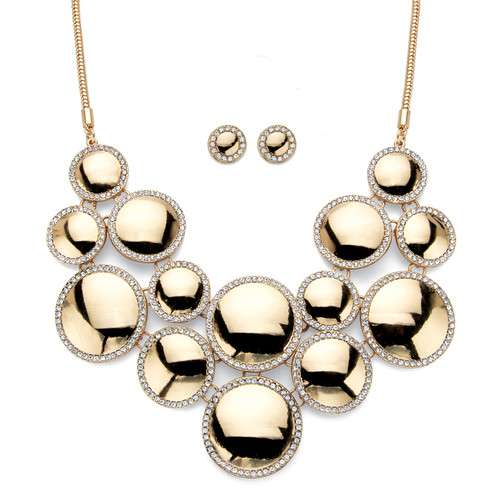 Round Crystal 2-Piece Halo Disc Button Earring and Bib Necklace Set in Goldtone 20"-22.5"