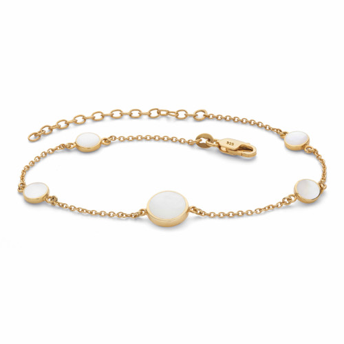 Round Genuine Mother-of-Pearl Ankle Bracelet in 18k Gold-plated Sterling Silver 9"-11"