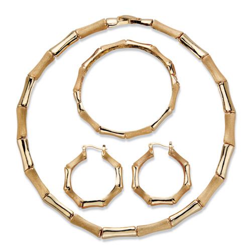 Polished and Matte 3-Piece Bamboo Necklace, Hoop Earring and Bracelet Set in Goldtone 18"