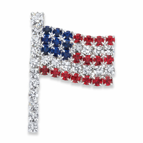 Red, White and Blue Crystal American Flag Pin in Silvertone 1.5"