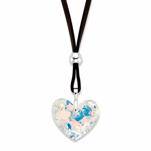 Aurora Borealis Crystal Heart-Shaped Pendant Necklace with Brown Suede Cord in Silvertone 32"-34.5"