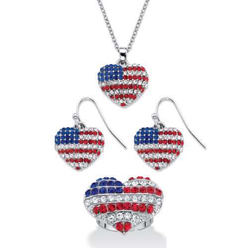 Crystal Heart-Shaped American Flag 3-Piece Necklace, Drop Earring and Adjustable Ring Set in Silvertone 18"