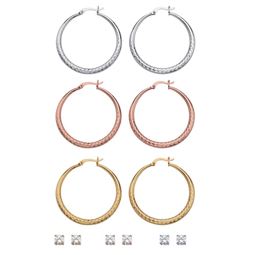 Cubic Zirconia 6-Pair Set of Round Stud and Hammered Hoop Earrings 5.88 TCW in Tri-Tone 2"