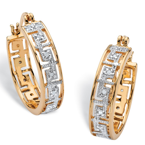Diamond Accent Greek Key Hoop Two-Tone Earrings Yellow Gold-Plated (1")
