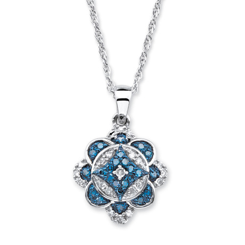 Enhanced Blue and White Diamond Accent Floral Motif Necklace in Platinum over Sterling Silver 18"