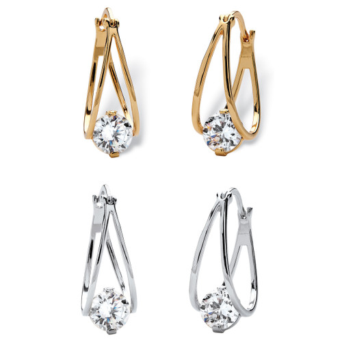 8 TCW Round Cubic Zirconia Two-Pair Set of Split-Hoop Earrings Set in Silvertone and Gold-Plated (3/4")