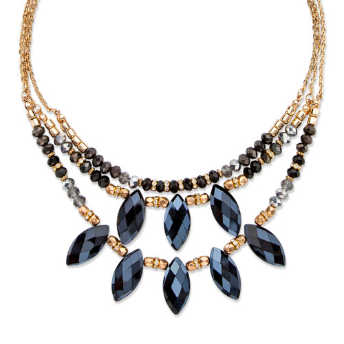 Black and Grey Marquise-Cut Aurora Borealis Beaded Crystal Triple-Strand Goldtone Statement Necklace Adjustable 18"-20.5"