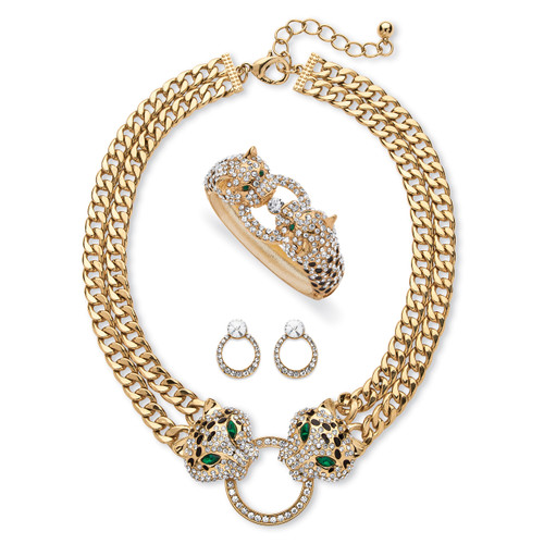 Pave Crystal and Simulated Emerald 3-Piece Necklace, Earrings and Bangle Leopard Set 2.72 TCW in Goldtone