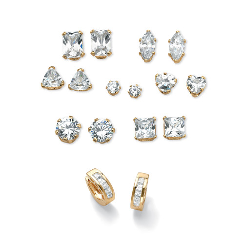 11.12 TCW Cubic Zirconia 8-Piece Set of Stud and Huggie-Hoop Earrings Gold-Plated Sterling Silver (3/4")