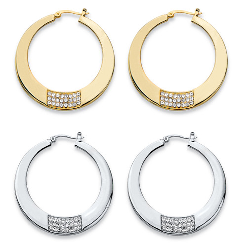 Round Crystal Square Cluster 2-Pair Hoop Earrings Set in Goldtone and Silvertone (1 3/4")