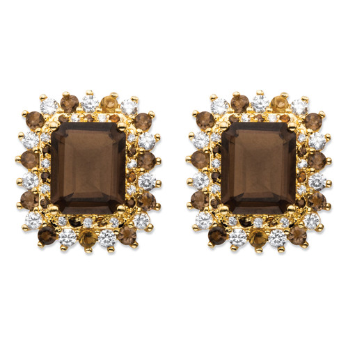 10.31 TCW Emerald-Cut Genuine Smoky Topaz and CZ Accent Halo Earrings Gold-Plated