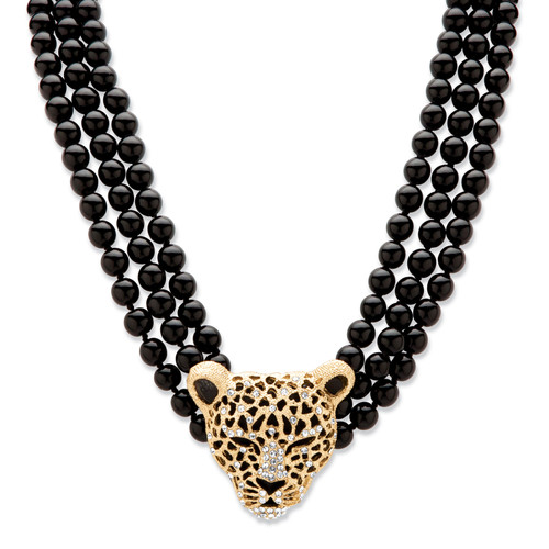 Genuine Onyx and Crystal Leopard Beaded Necklace in Yellow Goldtone 20"-22"