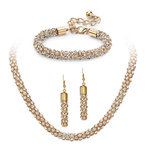 Crystal Rope Necklace, Bracelet and Drop Earrings Set in Goldtone