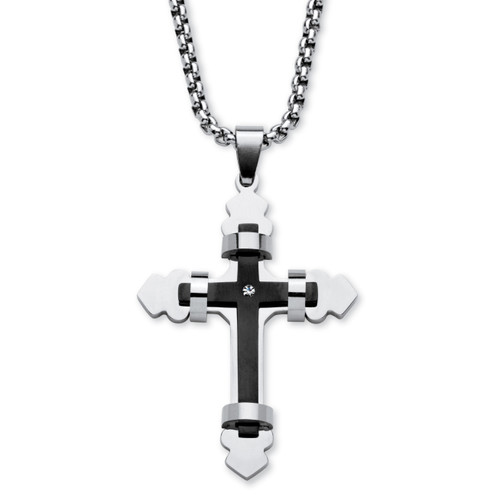 Crystal Accent Gothic Layered Cross Necklace in Black Ion-Plated Stainless Steel 24"