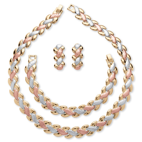 Interlocking Link 3-Piece Tri-Tone Necklace, Bracelet and Earrings Set in Gold, Rose and SIlvertone