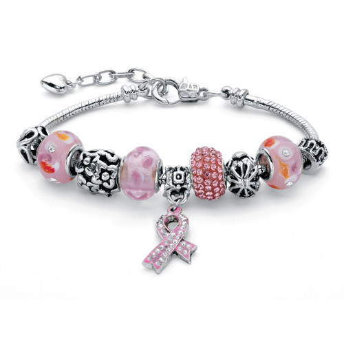 Breast Cancer Awareness Pink Crystal Bali-Style Half Beaded Bracelet Adjustable in Silvertone 8"-10"