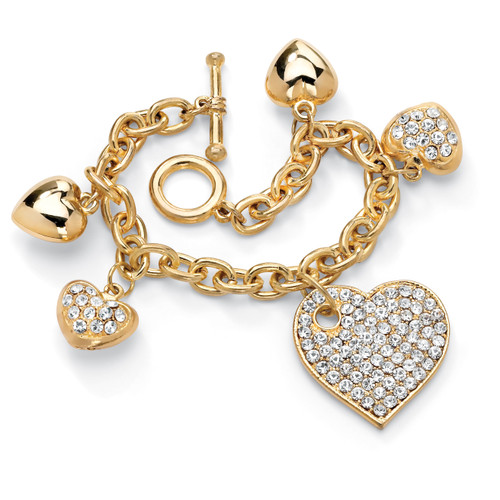 Crystal Multi-Heart Charm Bracelet in Yellow Goldtone 8"