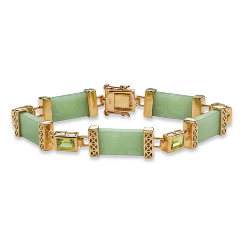 Genuine Green Jade and Peridot Link Bracelet 2.4 TCW in 14k Gold-plated Sterling Silver 8"