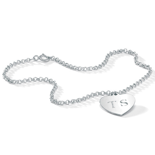 Personalized Heart Charm Rolo-Link Ankle Bracelet in Sterling Silver 10"