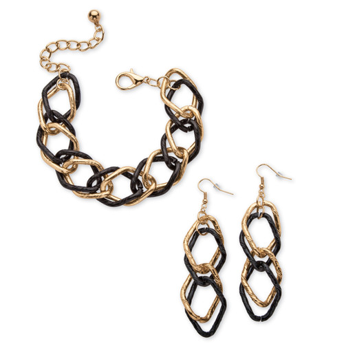 Double Curb-Link Bracelet and Drop Earrings Set in Goldtone and Black Ruthenium-Plated