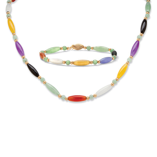Multicolor Jade Beaded and Barrel Shapes Link Bracelet and Necklace Set in Solid 14k Yellow Gold