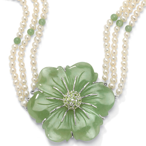 1.20 TCW Jade and Cultured Freshwater Pearl Necklace in .925 Sterling Silver