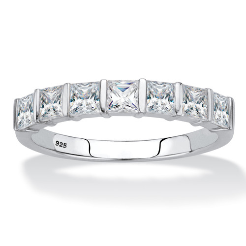 Princess-Cut Cubic Zirconia Single Row Channel-Set Ring 1.12 TCW in Platinum-plated Sterling Silver