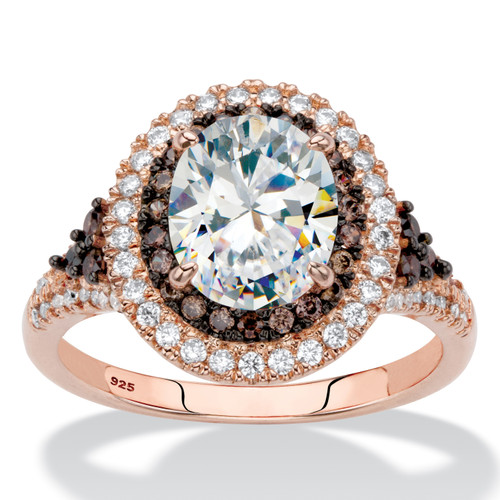 3.35 TCW Oval White and Brown Cubic Zirconia 18K Rose Gold & Black Ruthenium Plated Sterling Silver Halo Ring