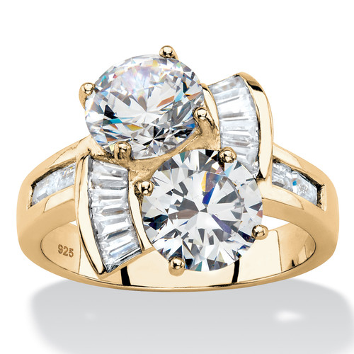 Round and Baguette Cubic Zirconia 2-Stone Bypass Ring 5.20 TCW in 14k Gold-plated Sterling Silver