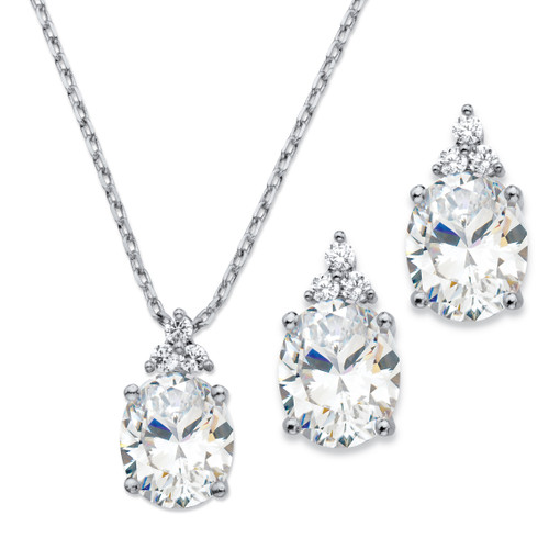Oval-Cut Cubic Zirconia 2-Piece Earrings and Pendant Necklace Set 13.22 TCW Platinum-Plated 18"-20"