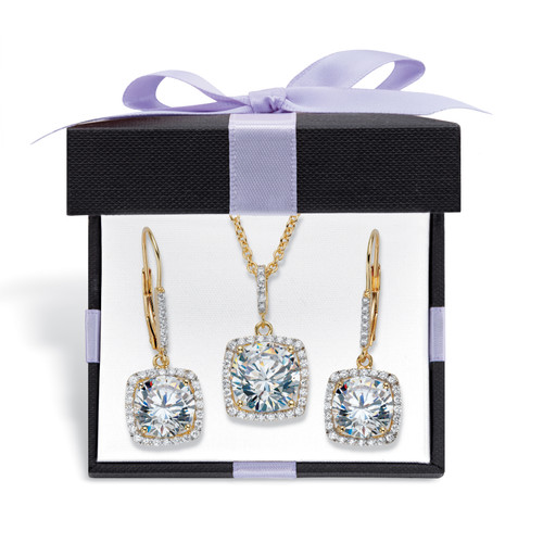 Round Cubic Zirconia 2-Piece Squared Halo Earring and Necklace Set 10.84 TCW 14k Gold Over Sterling Silver with FREE Gift Box 18"-20"