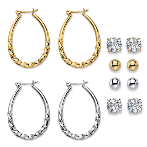 Cubic Zirconia 6-Pair Set of Stud and Twisted Hoop Earrings 8 TCW in Goldtone and Silvertone 1"