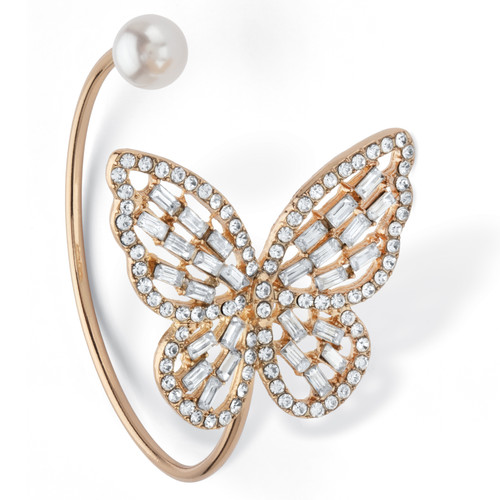 White Baguette Crystal & Simulated Pearl Butterfly Bangle Bracelet Goldtone