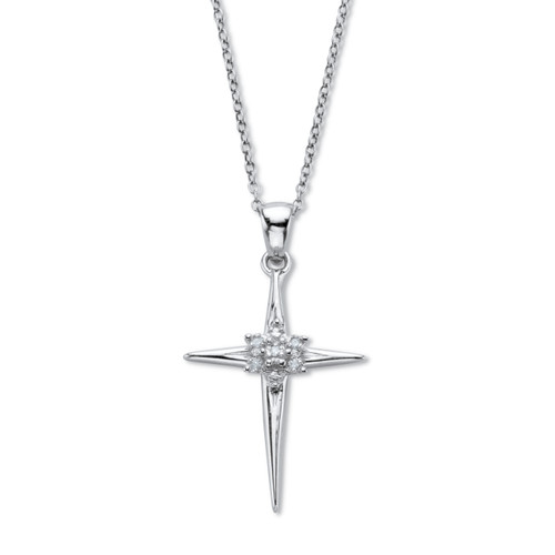 White Round Diamond Accent Cross Pendant Platinum Plated .925 Silver 18" Chain