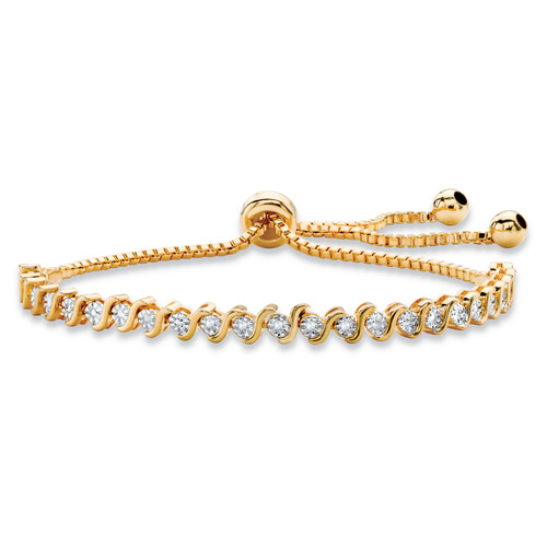 Round White Diamond Accent Adjustable Drawstring S-Link Strand Bracelet Gold-Plated 9.25"