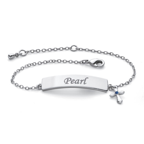 Personalized Simulated Birthstone Cross Charm I.D. Bracelet Platinum-Plated  6.5"-7.5"