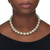Round Simulated Pearl Silvertone Choker Necklace and Pink Crystal Jewelry Set, 16 inches plus 3 inch extension