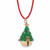 Green Enamel Christmas Tree Jingle Bell Red Corded Holiday Necklace in Goldtone 26"