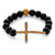 Genuine Onyx Beaded Horizontal Cross Simulated Birthstone Stretch Bracelet in Silvertone 8"