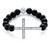 Genuine Onyx Beaded Horizontal Cross Simulated Birthstone Stretch Bracelet in Silvertone 8"