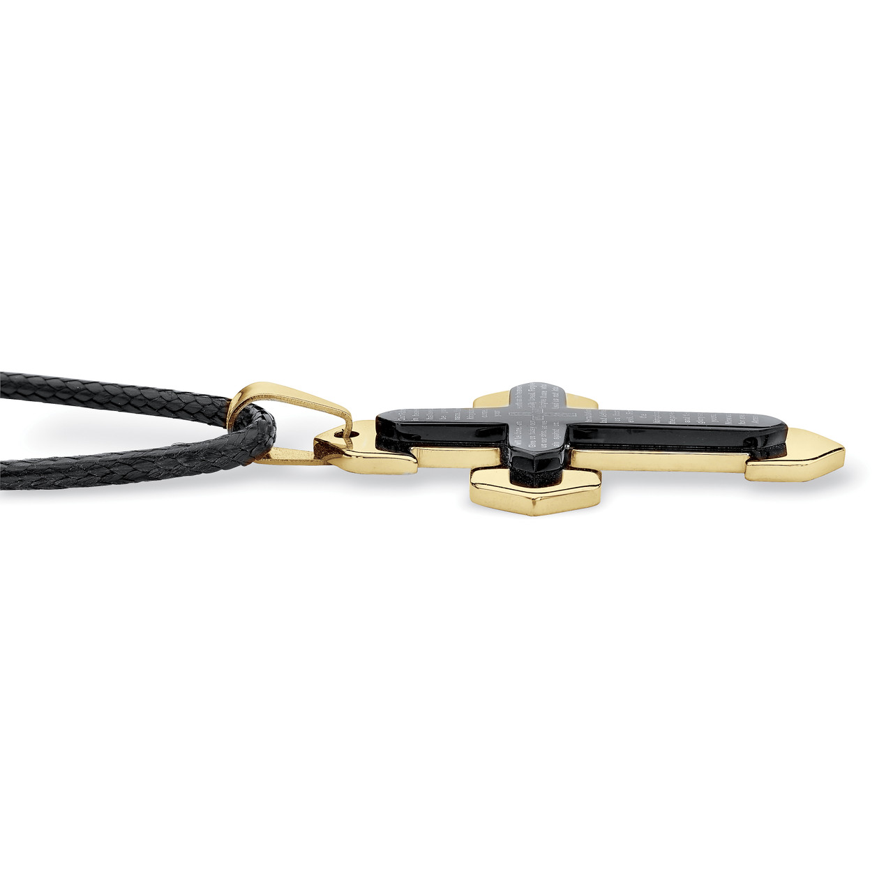 Men's Round Crystal Matte Black And Gold Ion-Plated Stainless Steel Cross Pendant Necklace And Bracelet Set, 26 Inch Chain