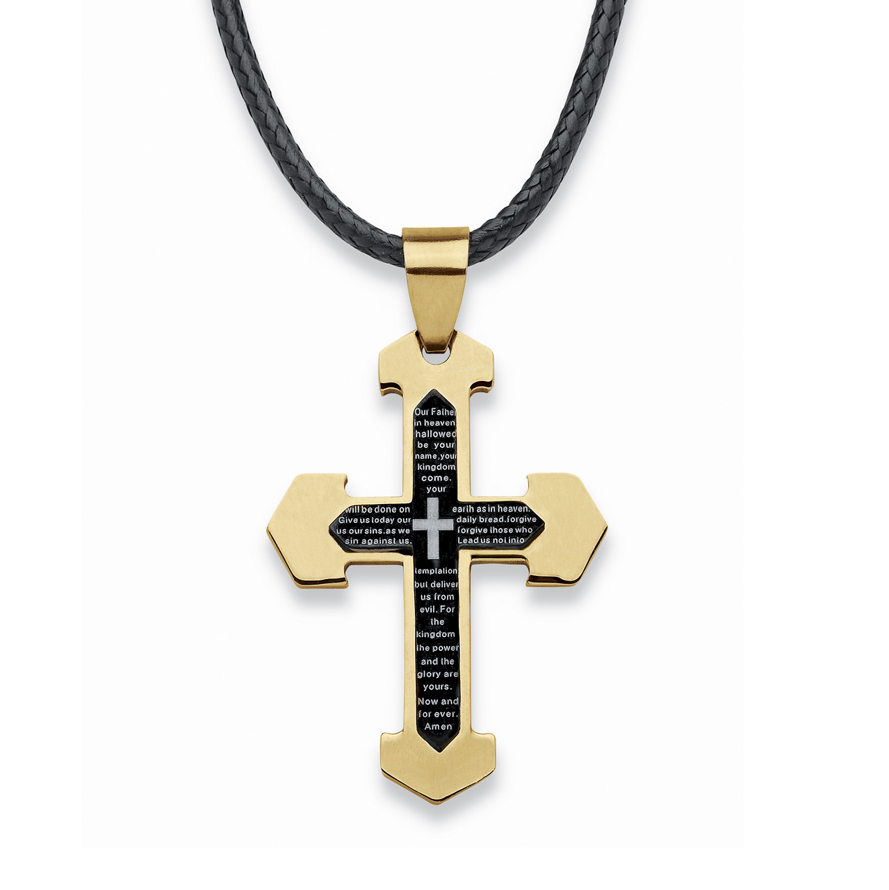 Men's Round Crystal Matte Black And Gold Ion-Plated Stainless Steel Cross Pendant Necklace And Bracelet Set, 26 Inch Chain