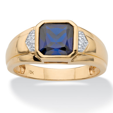 Men's Lab Created Blue Sapphire & Diamond Ring - Cushion Cut, 18k Gold Plated, Size 11