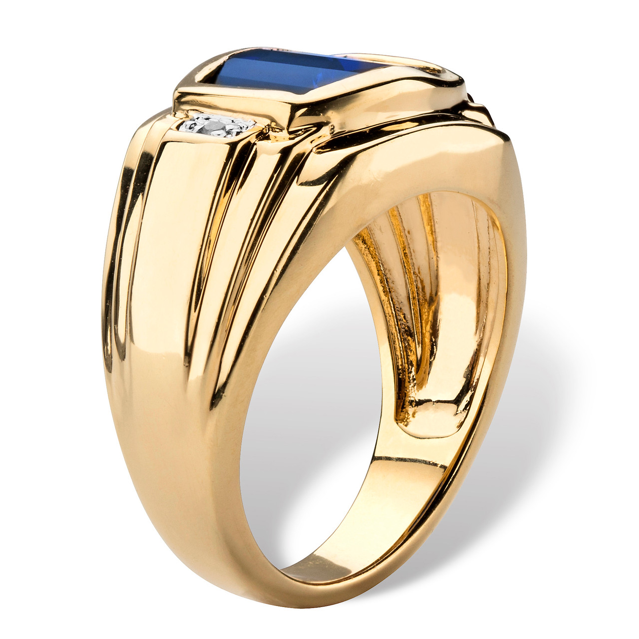 Men's 7.61 TCW Cushion-Cut Created Blue Sapphire and Diamond Ring Yellow Gold-Plated