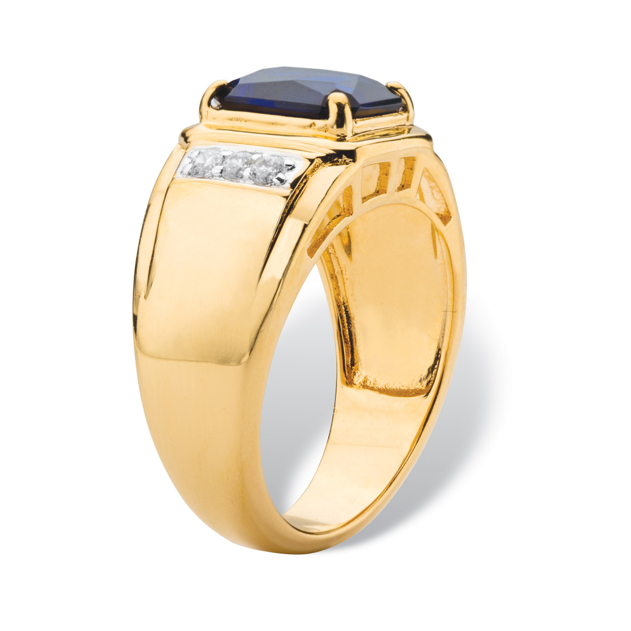 Men's 2.80 TCW Emerald-Cut Created Blue Sapphire and Diamond Accent 18k Gold-Plated Etched Ring