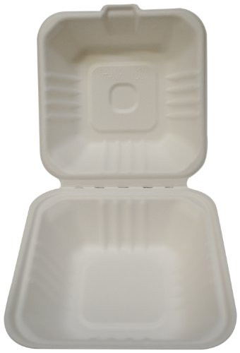 PrimeWare 6"x6"x3" White Small Compostable Container with Hinged Lid HL-66  - 400/Case