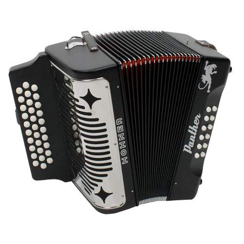 Hohner Panther II beginner diatonic accordion in F/Bb/Eb tuning for Vallenato, Tex-Mex, and Norteño music. Specialized Latin design. No Limit Guitar Co, Idaho Falls. Hohner Panther II beginner diatonic accordion in F/Bb/Eb tuning for Vallenato, Tex-Mex, and Norteño music. Specialized Latin design. No Limit Guitar Co, Idaho Falls.